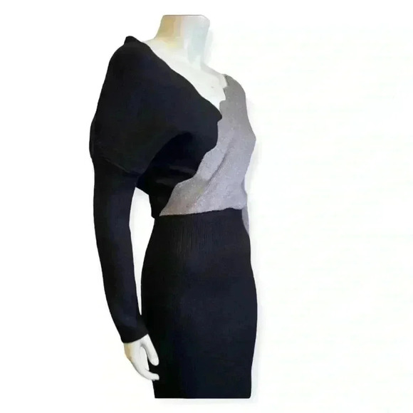 Sweater dress COLOR BLOCK ribbed knit faux wrap bodycon black gray women medium - Picture 4 of 16